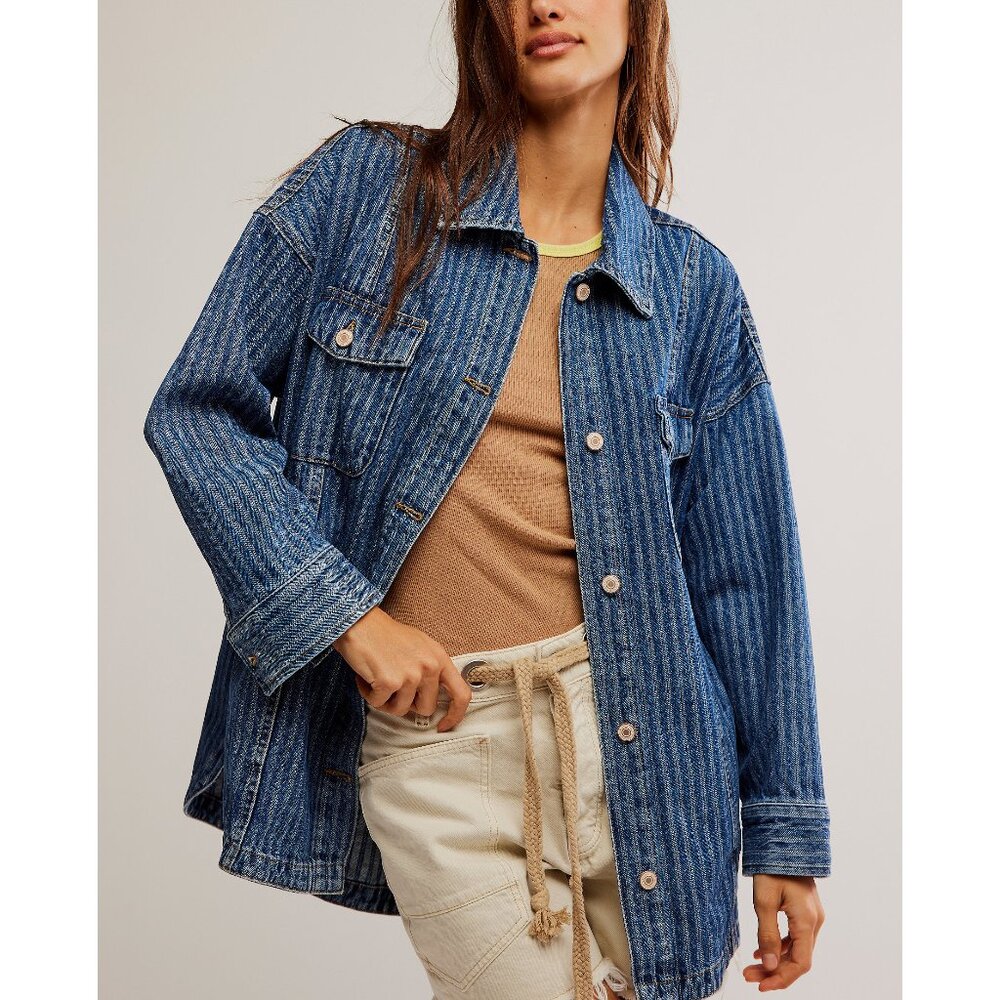Free People Blue Striped Denim Jean Jacket